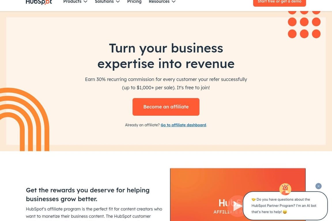 HubSpot CRM affiliate program signup page
