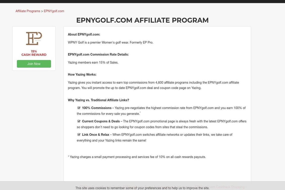EPNYgolf.com affiliate program signup page