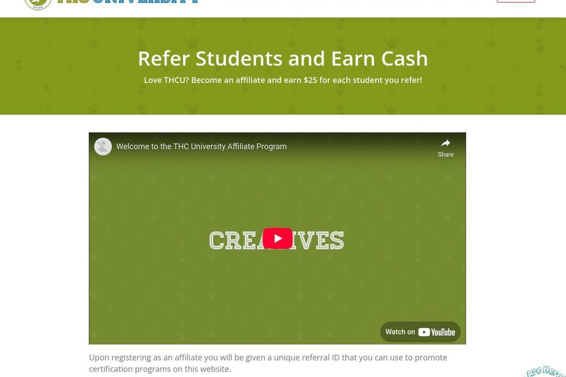 THC University affiliate program signup page