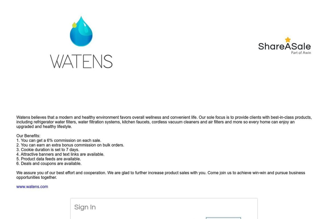 Watens Filter affiliate program signup page