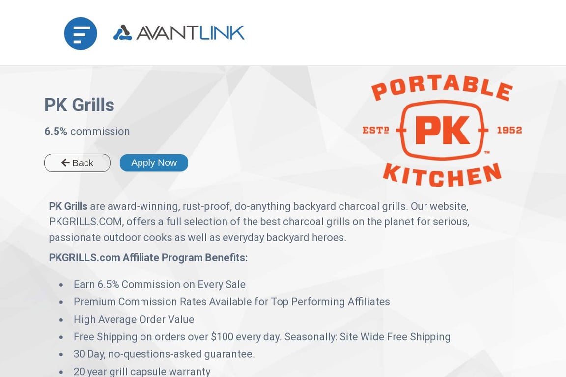 PK Grills affiliate program signup page