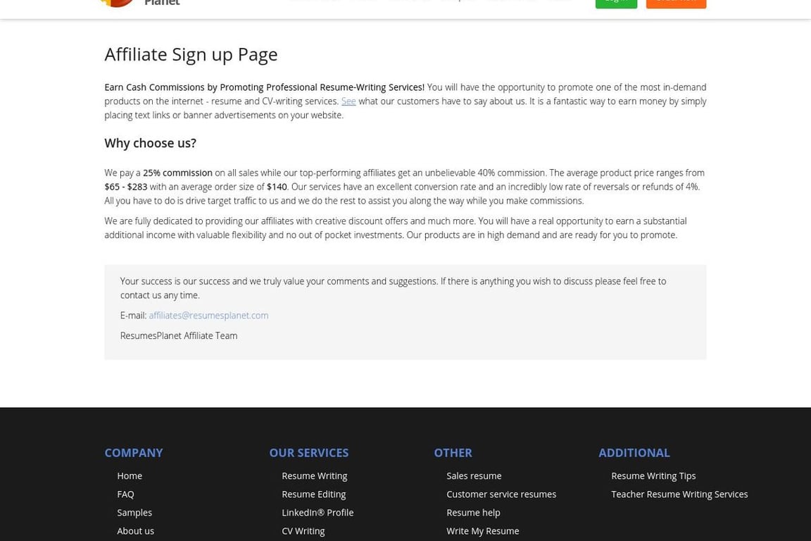 Resumes Planet affiliate program signup page