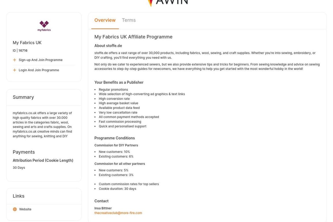 My Fabrics UK affiliate program signup page