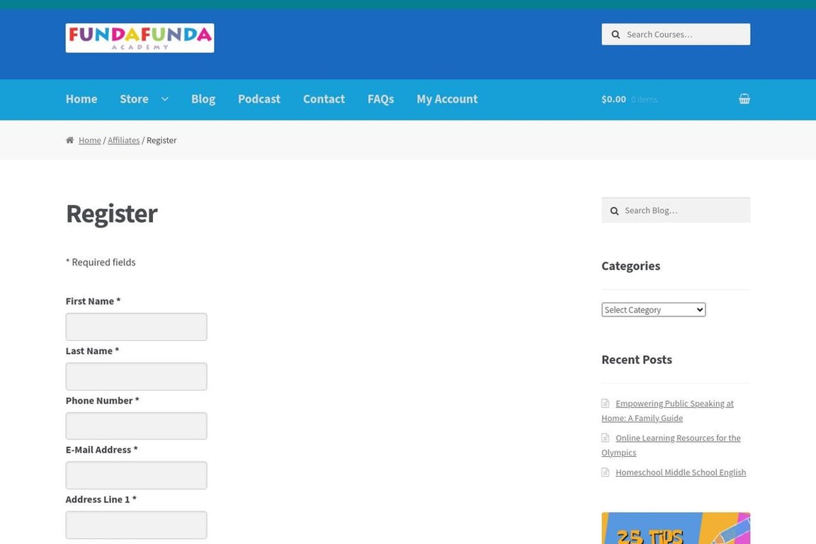 FundaFunda Academy affiliate program signup page