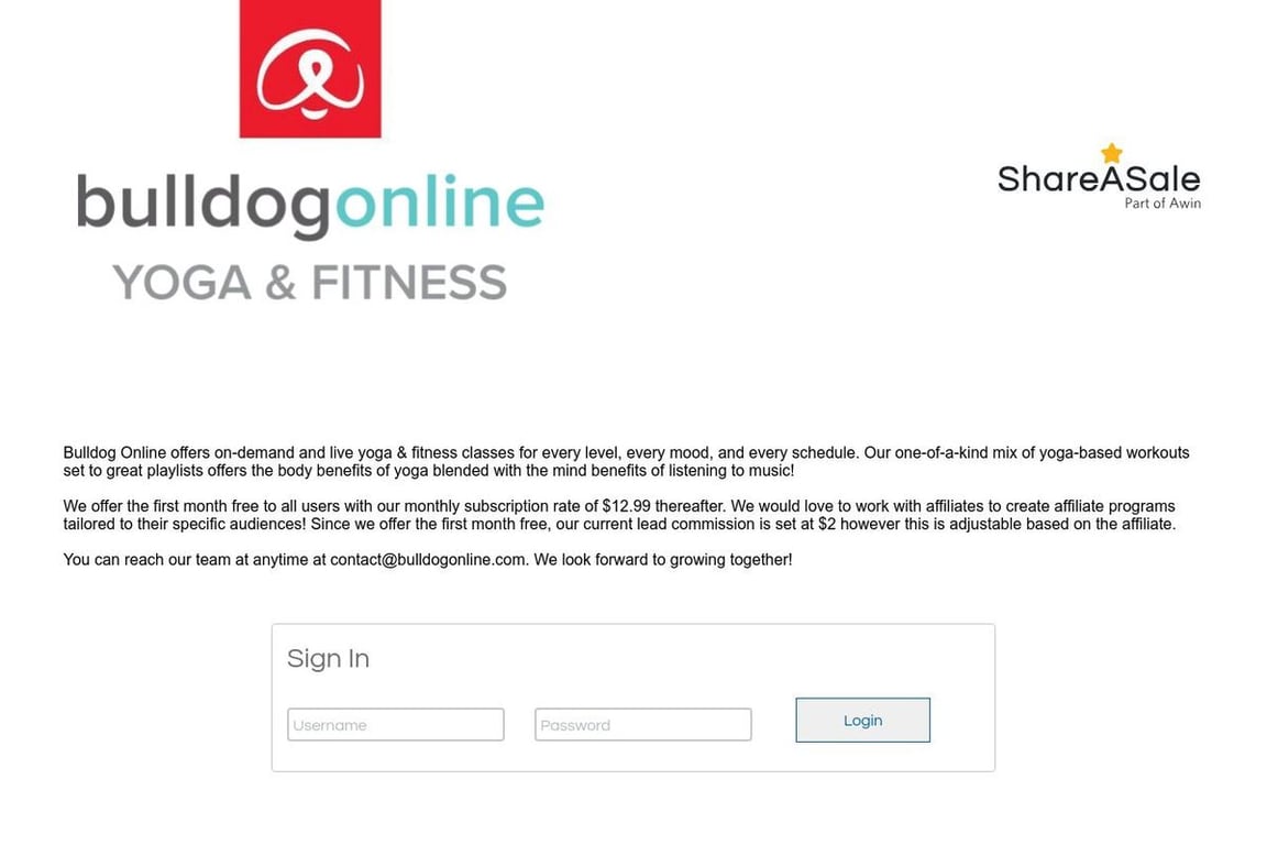 Bulldog yoga affiliate program signup page