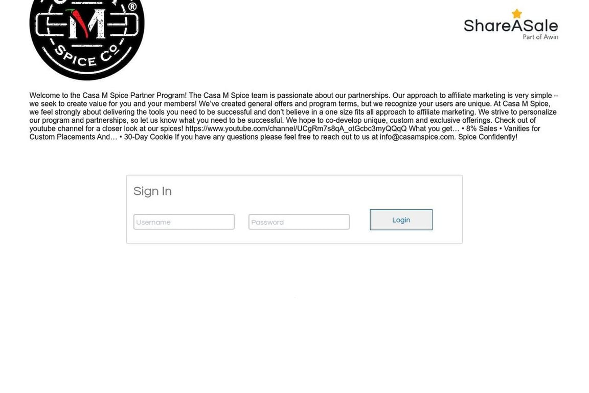 Casa M Spice Co affiliate program signup page