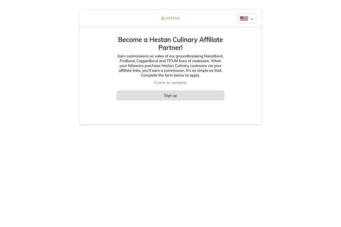 Hestan Culinary affiliate program signup page