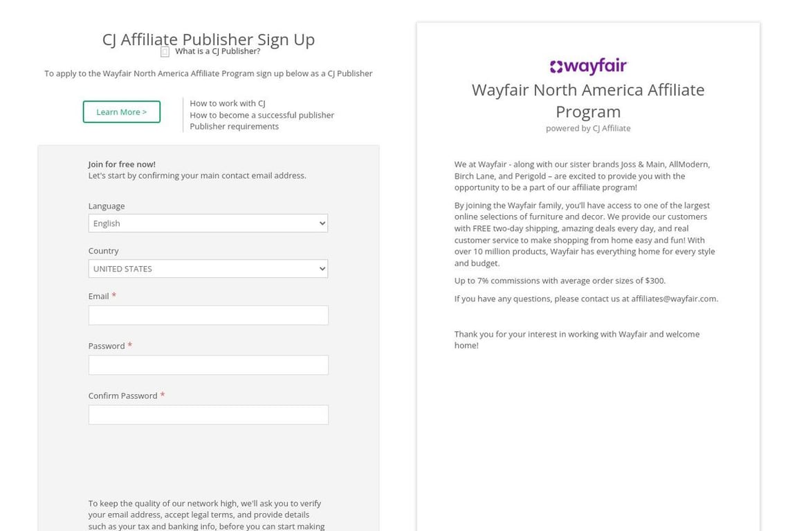 Joss & Main affiliate program signup page