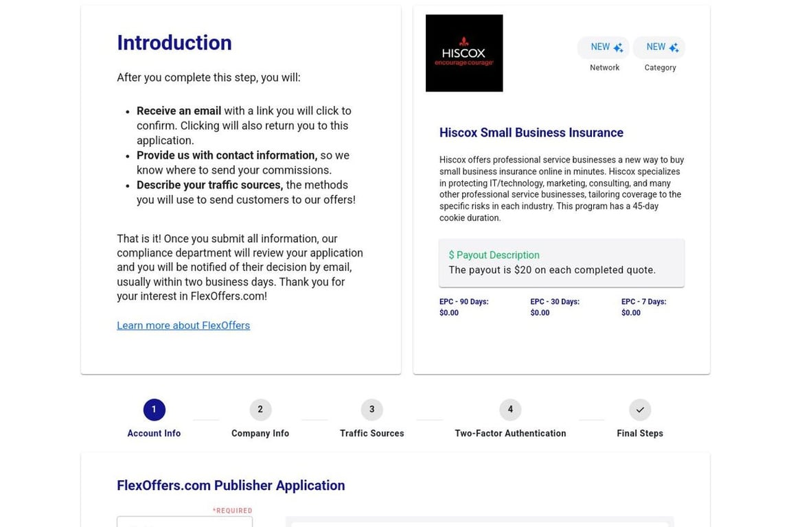 Hiscox Small Business Insurance affiliate program signup page