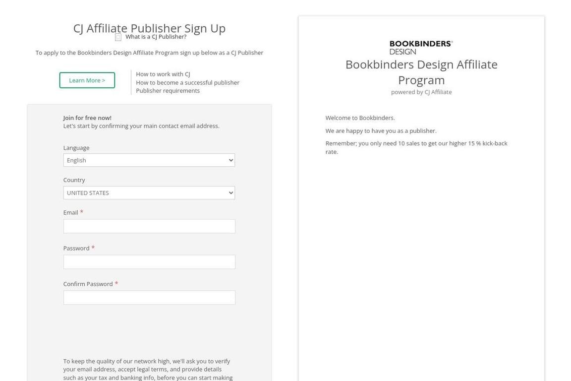 Bookbinders Design affiliate program signup page