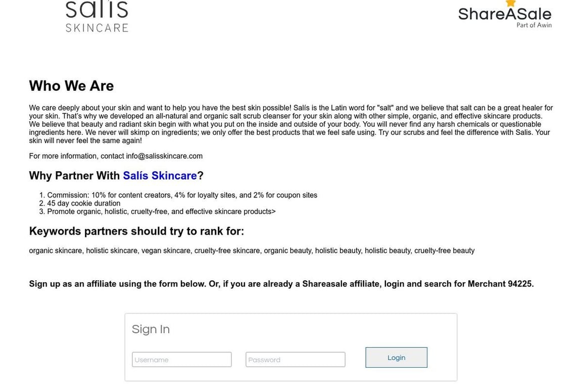 Salis Skincare affiliate program signup page