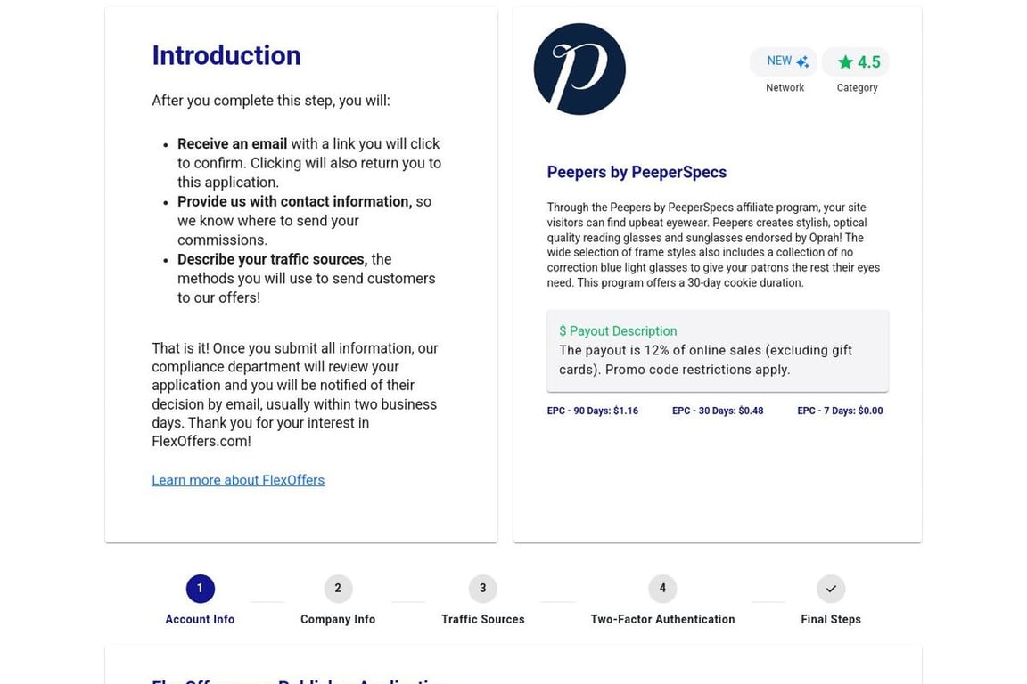PEEPERS BY PEEPERSPECS affiliate program signup page