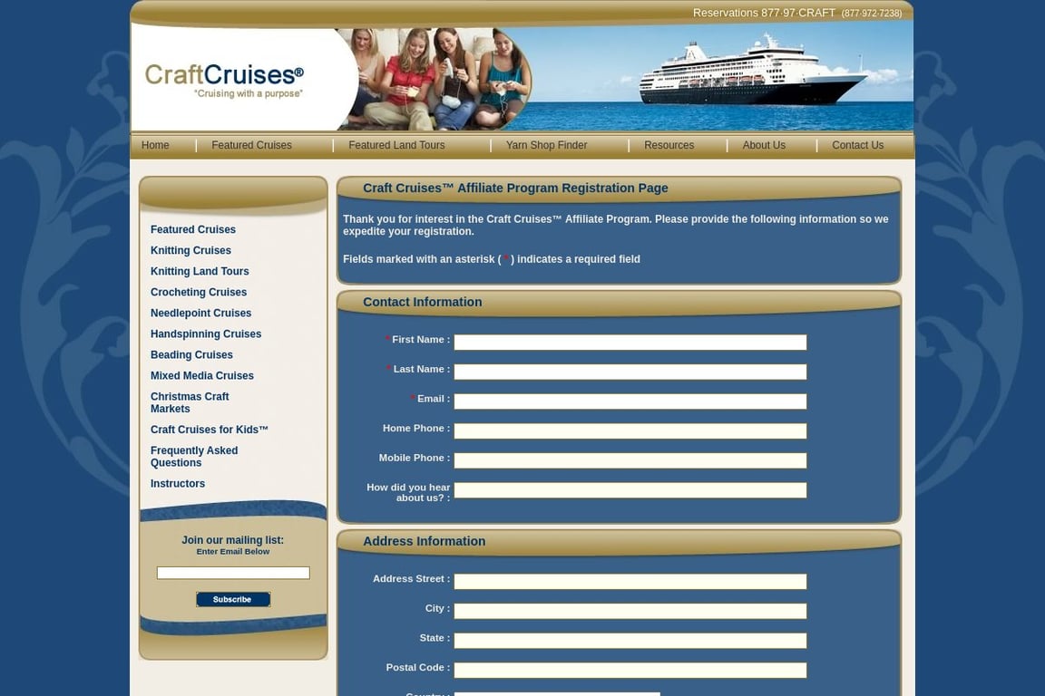 CraftCruises affiliate program signup page