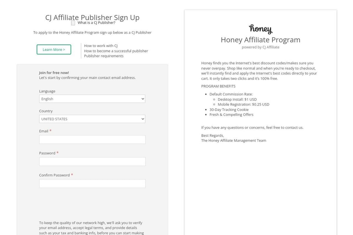 Honey affiliate program signup page