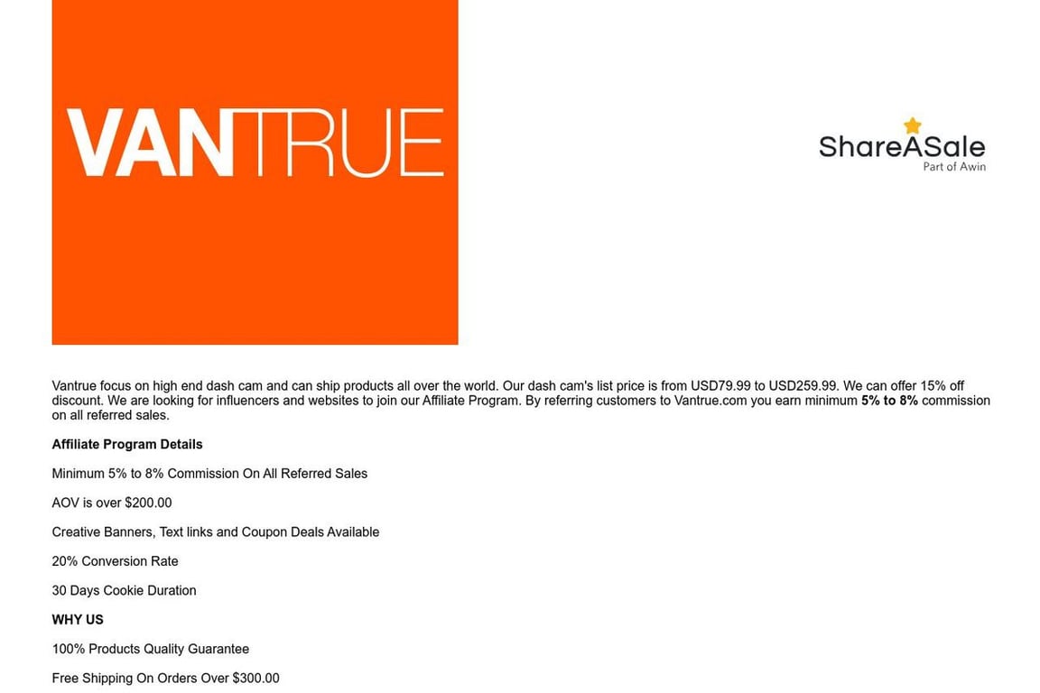 Vantrue affiliate program signup page
