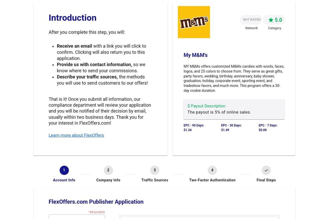 My M&M’s affiliate program signup page