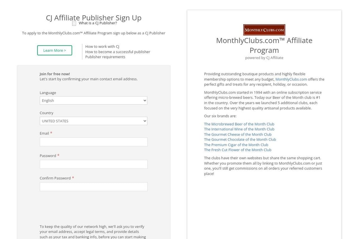 MonthlyClubs.com affiliate program signup page