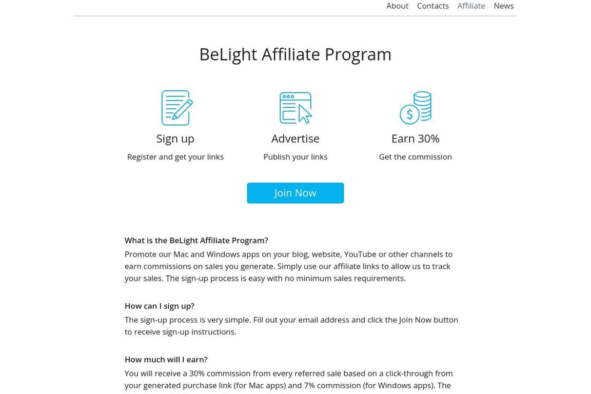 BeLight Software affiliate program signup page