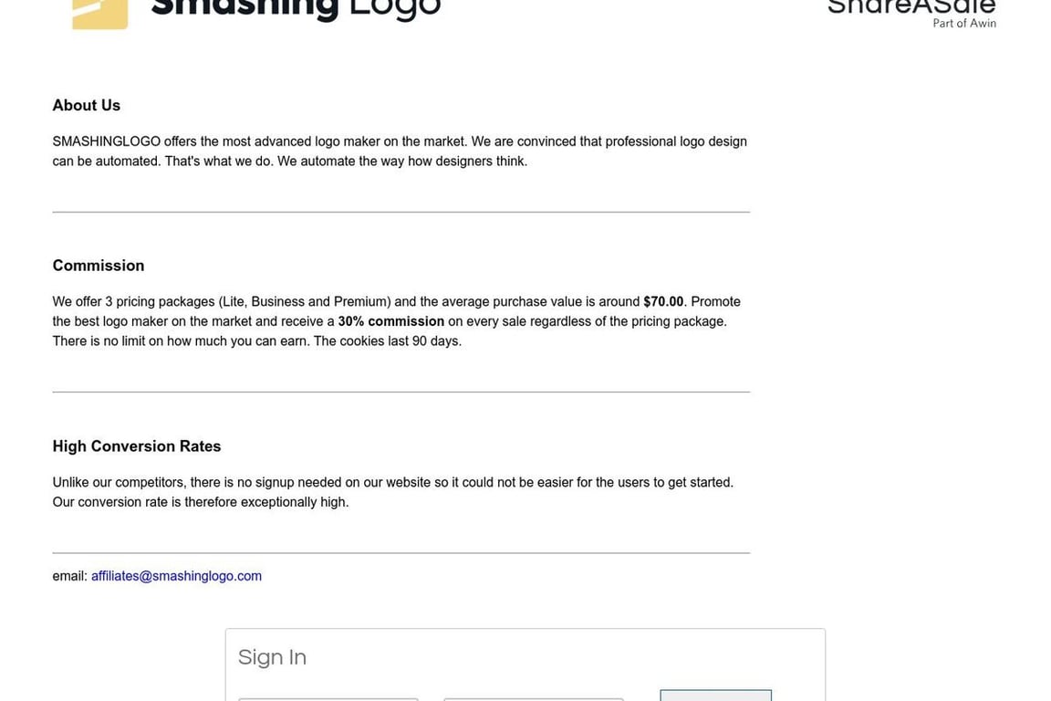 SMASHINGLOGO affiliate program signup page