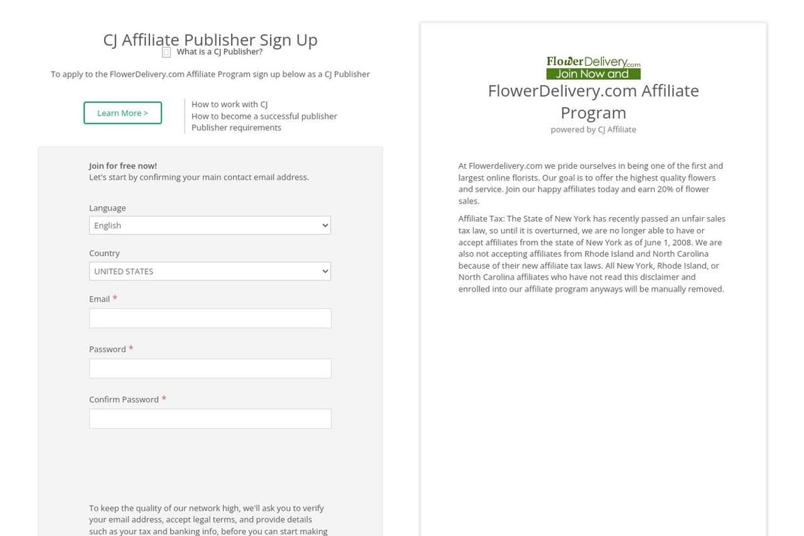 FlowerDelivery.com affiliate program signup page
