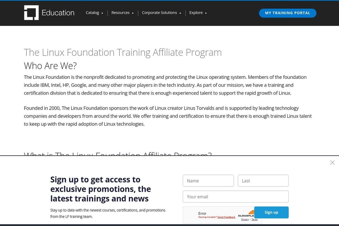 The Linux Foundation Training affiliate program signup page