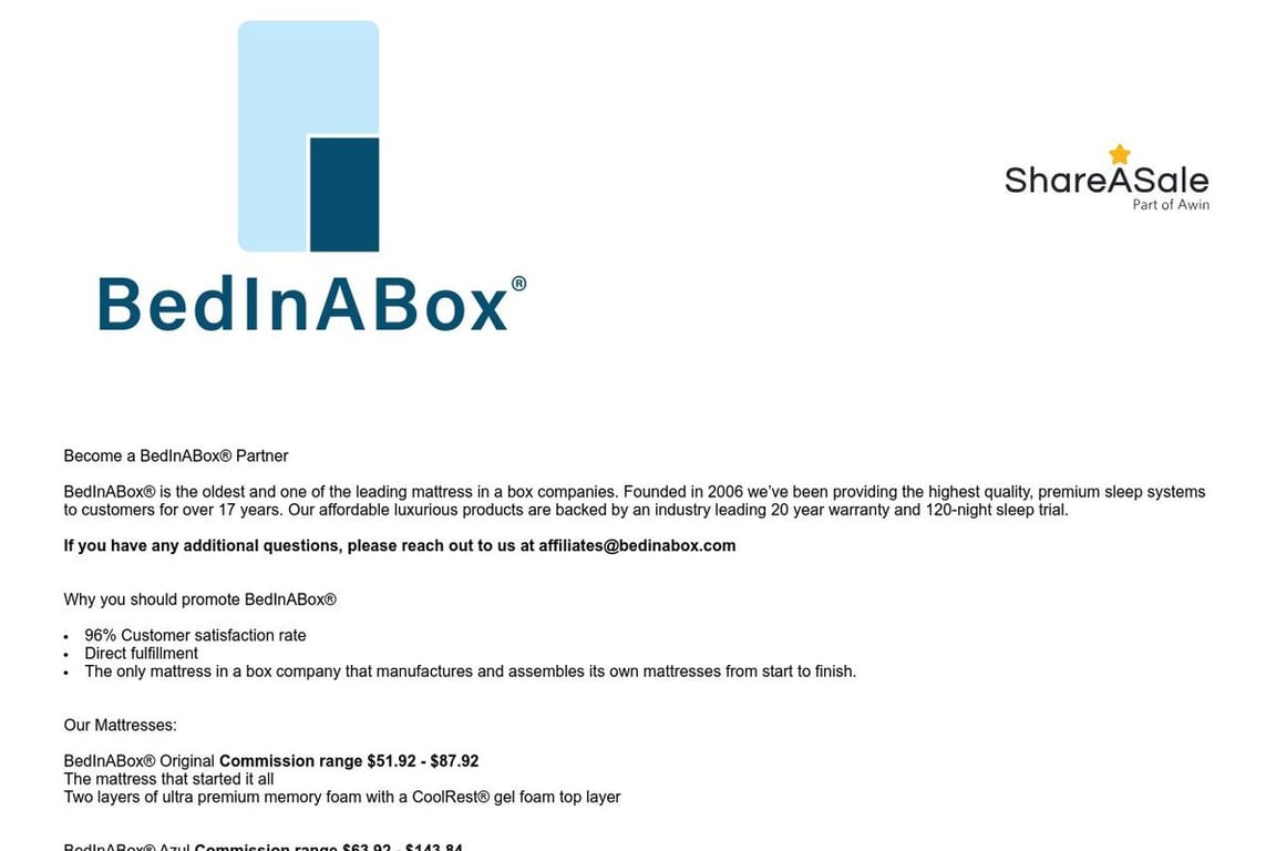 BedInABox affiliate program signup page