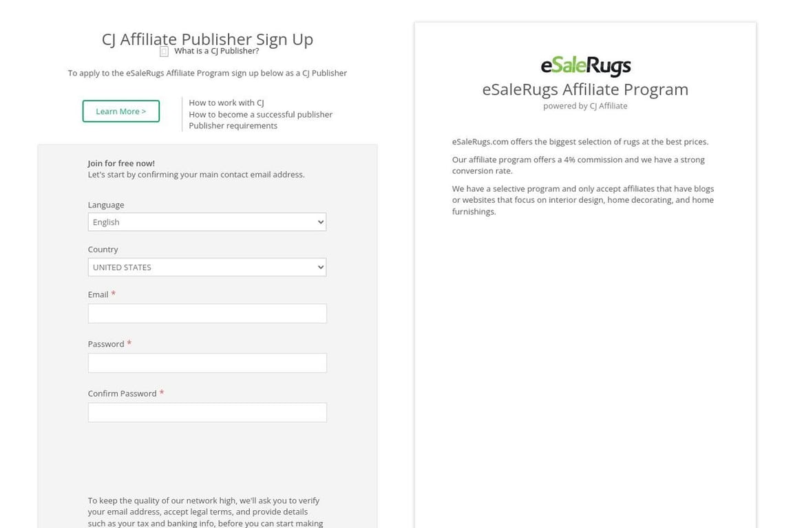 ESaleRugs affiliate program signup page