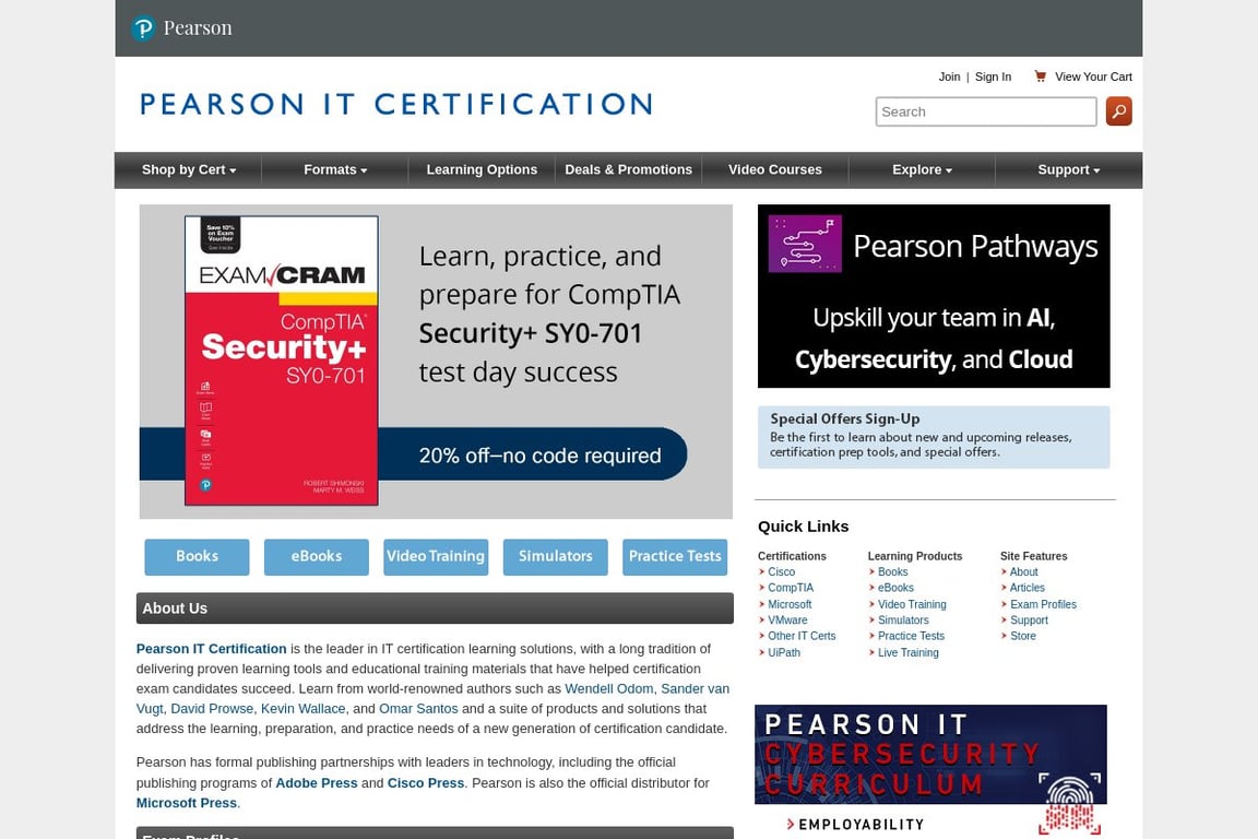 Pearson IT Certification homepage
