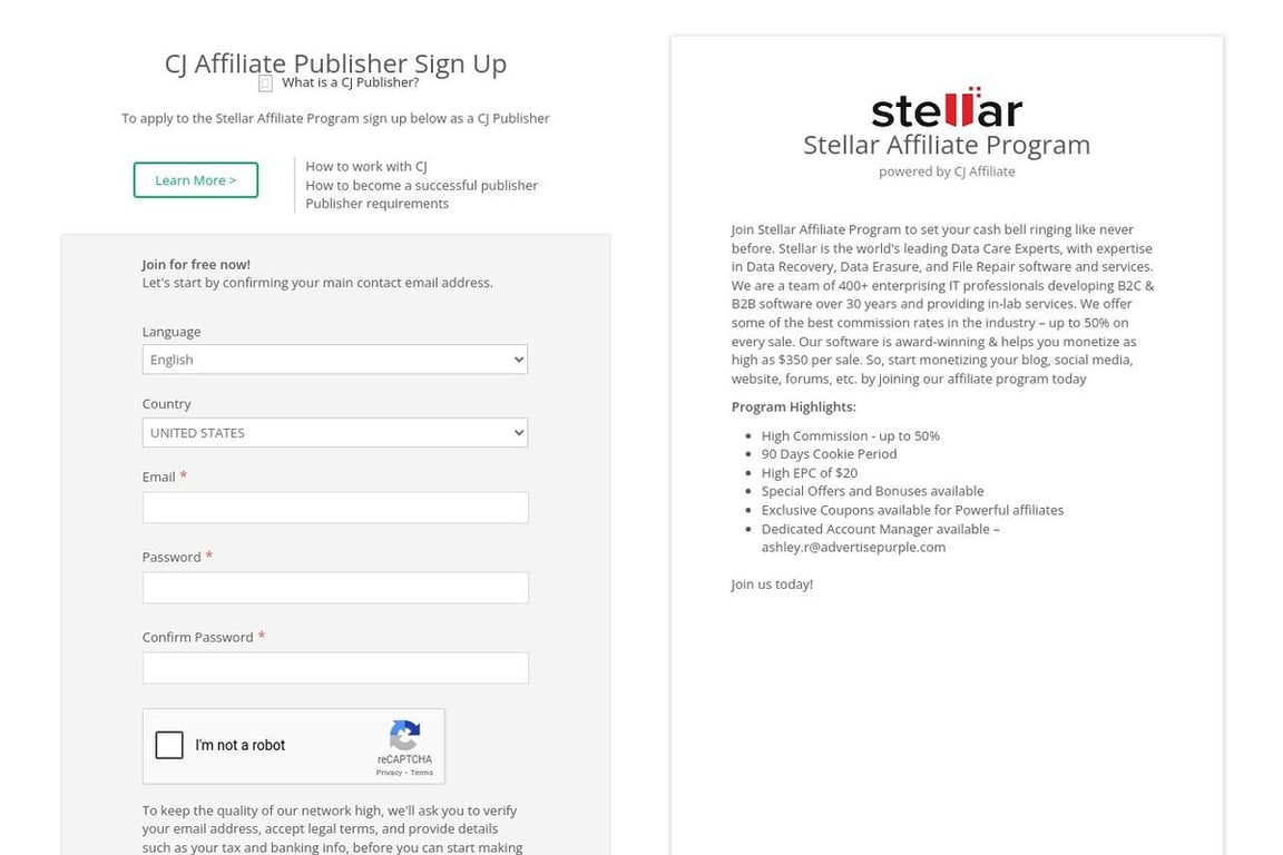 Stellar Data Recovery affiliate program signup page