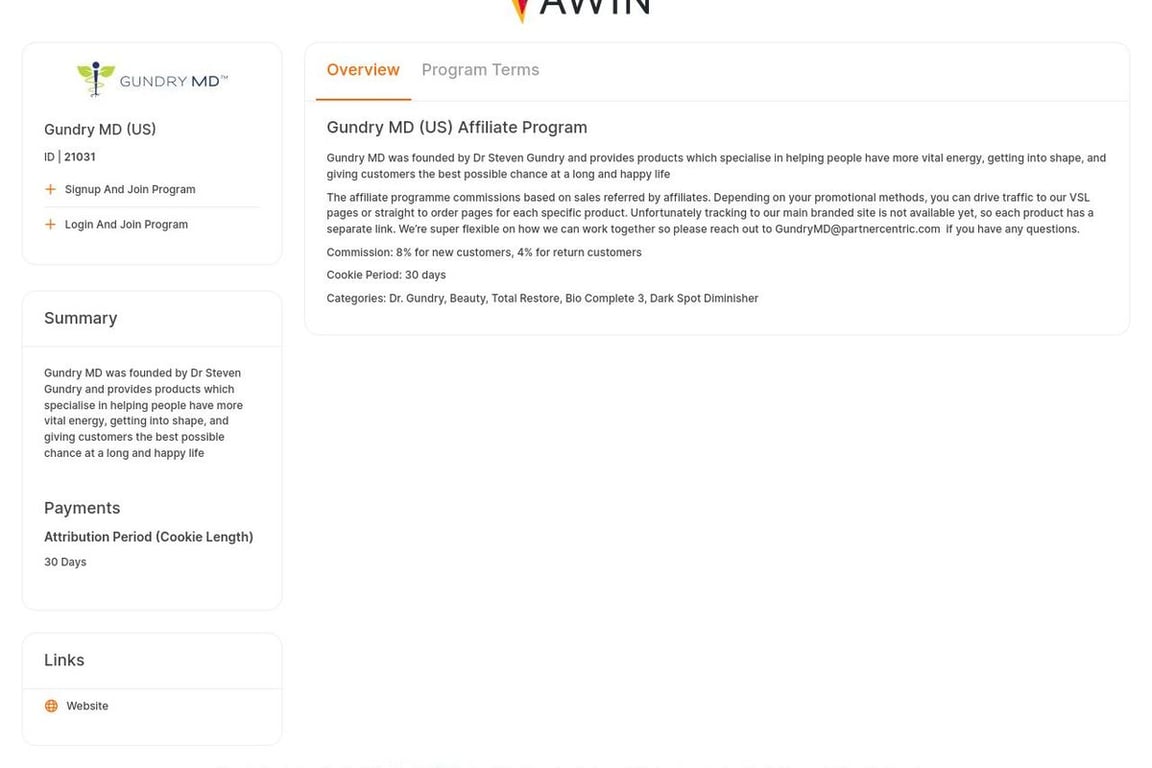 Gundry MD affiliate program signup page