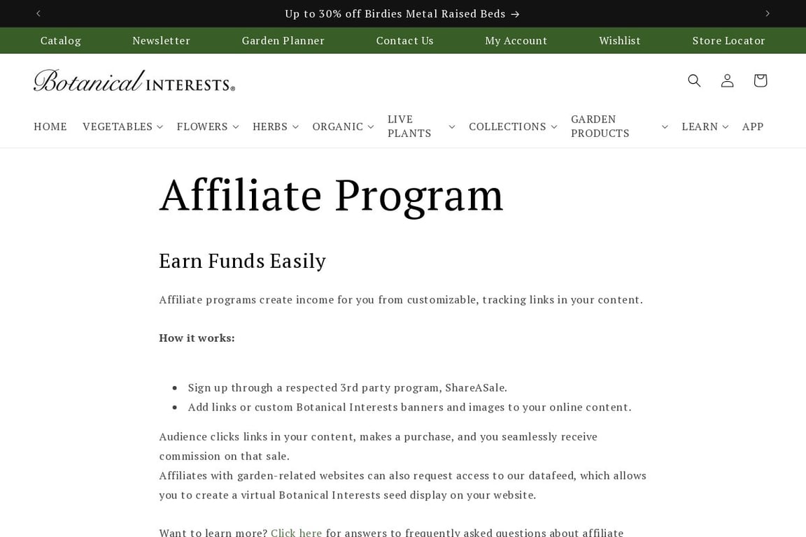 Botanical Interests affiliate program signup page