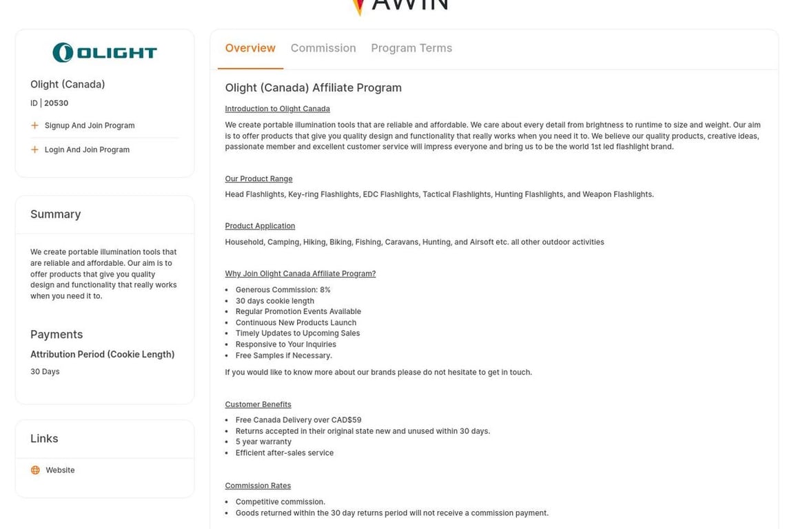 Olight (Canada) affiliate program signup page