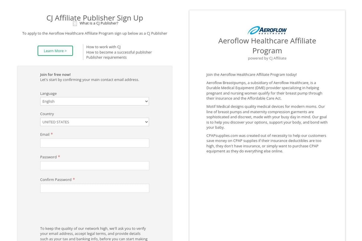 Aeroflow Healthcare affiliate program signup page