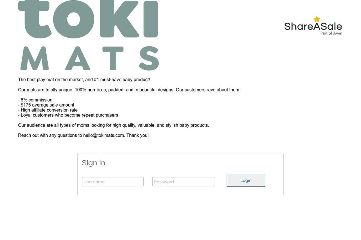 Toki Mats affiliate program signup page