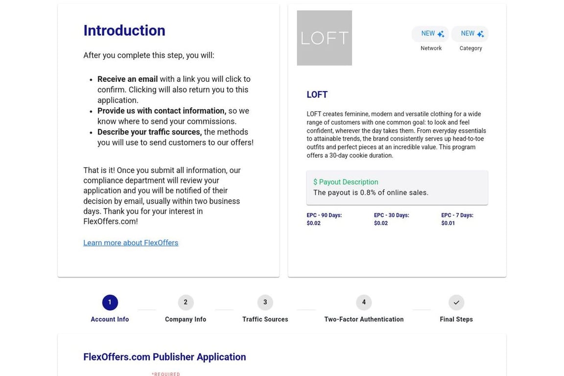LOFT affiliate program signup page
