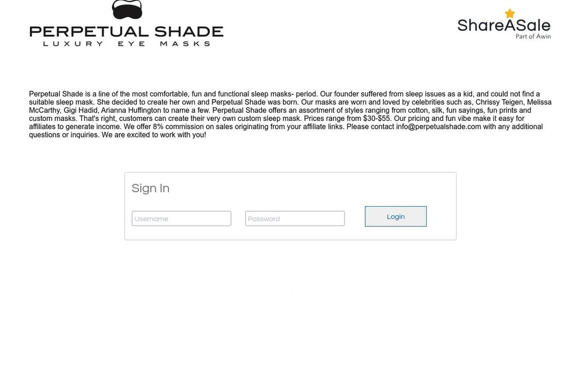 Perpetual Shade affiliate program signup page