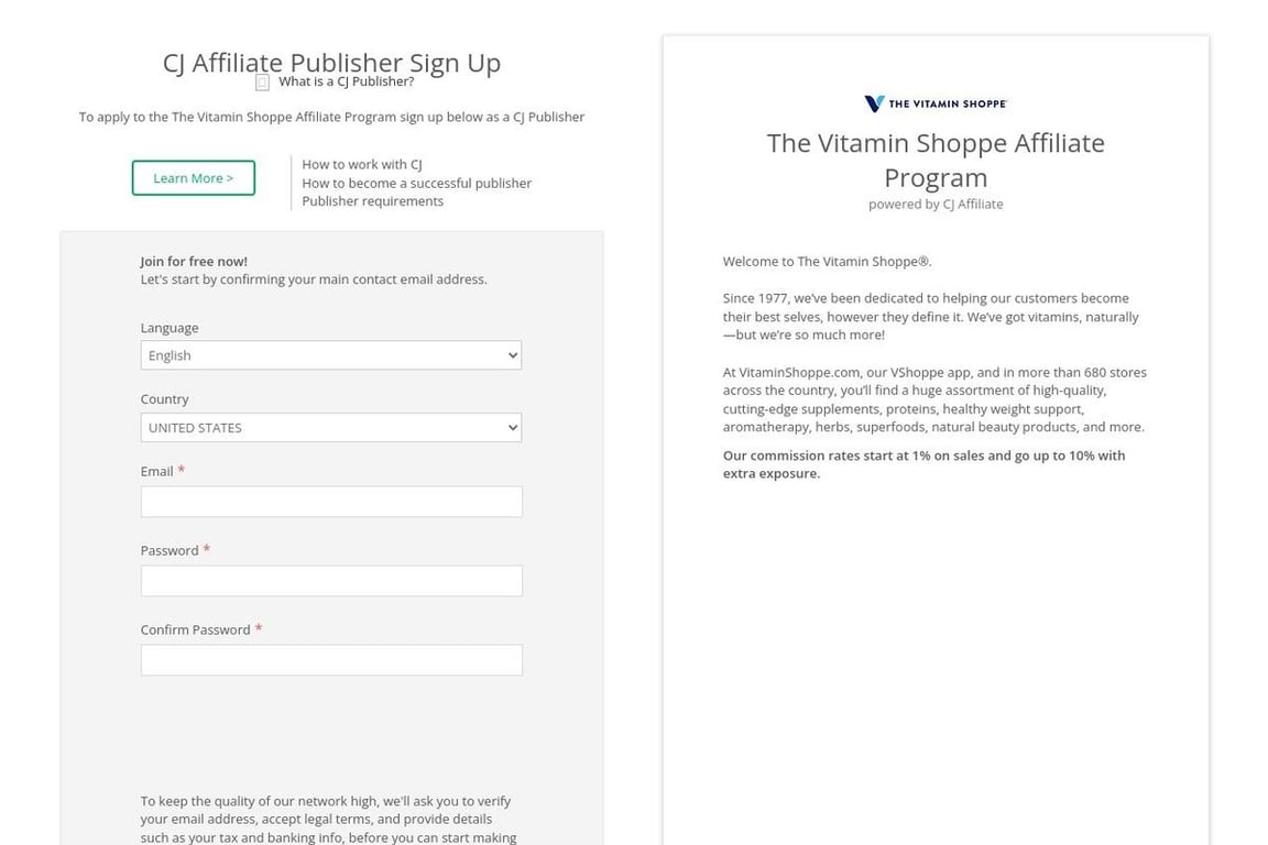 The Vitamin Shoppe affiliate program signup page