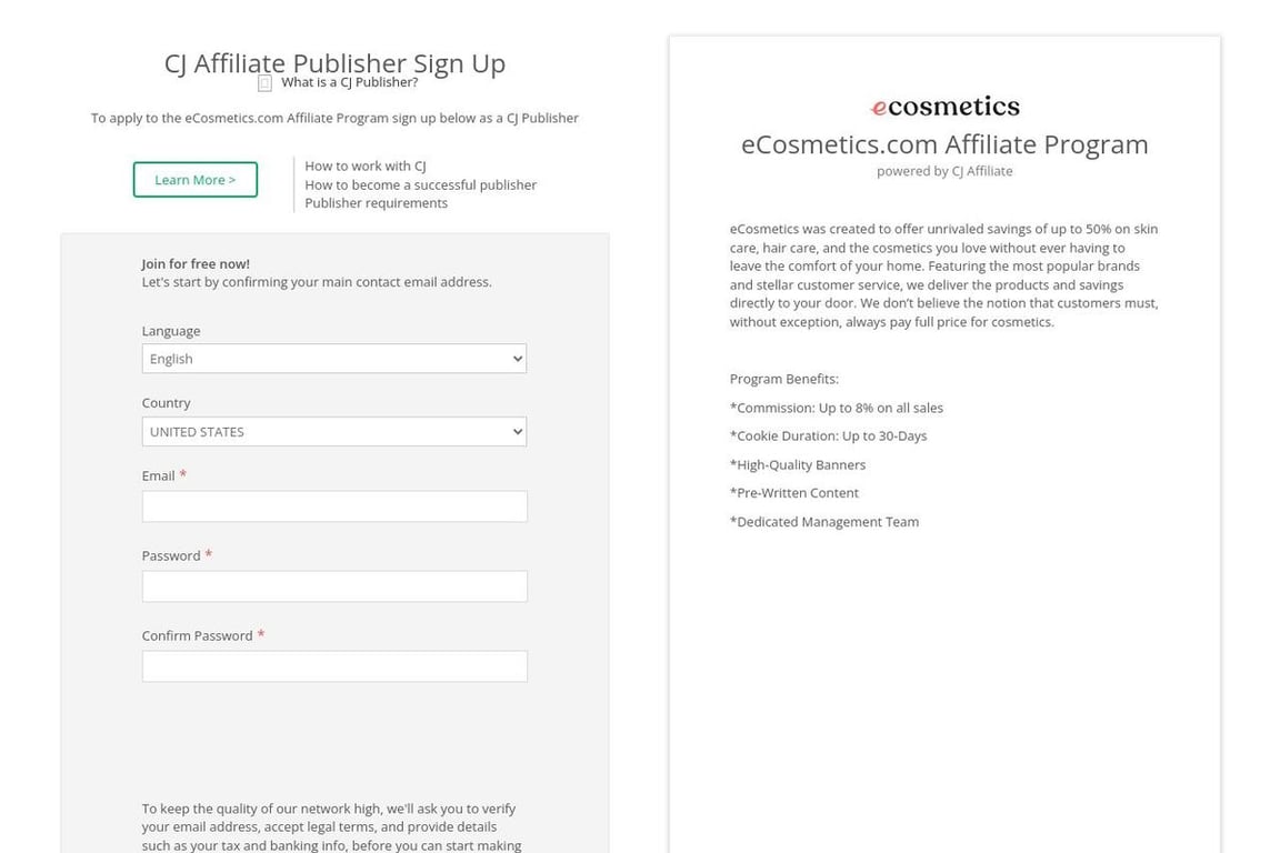 ECosmetics affiliate program signup page
