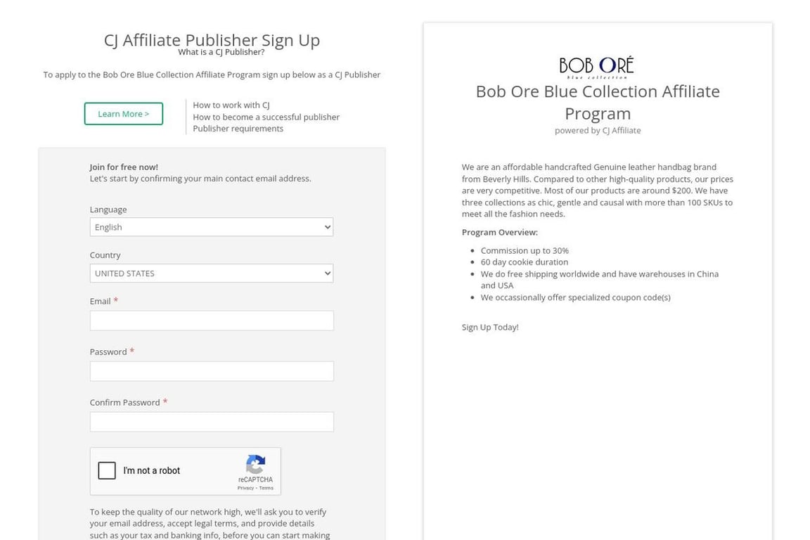 Bob Ore Blue Collection affiliate program signup page