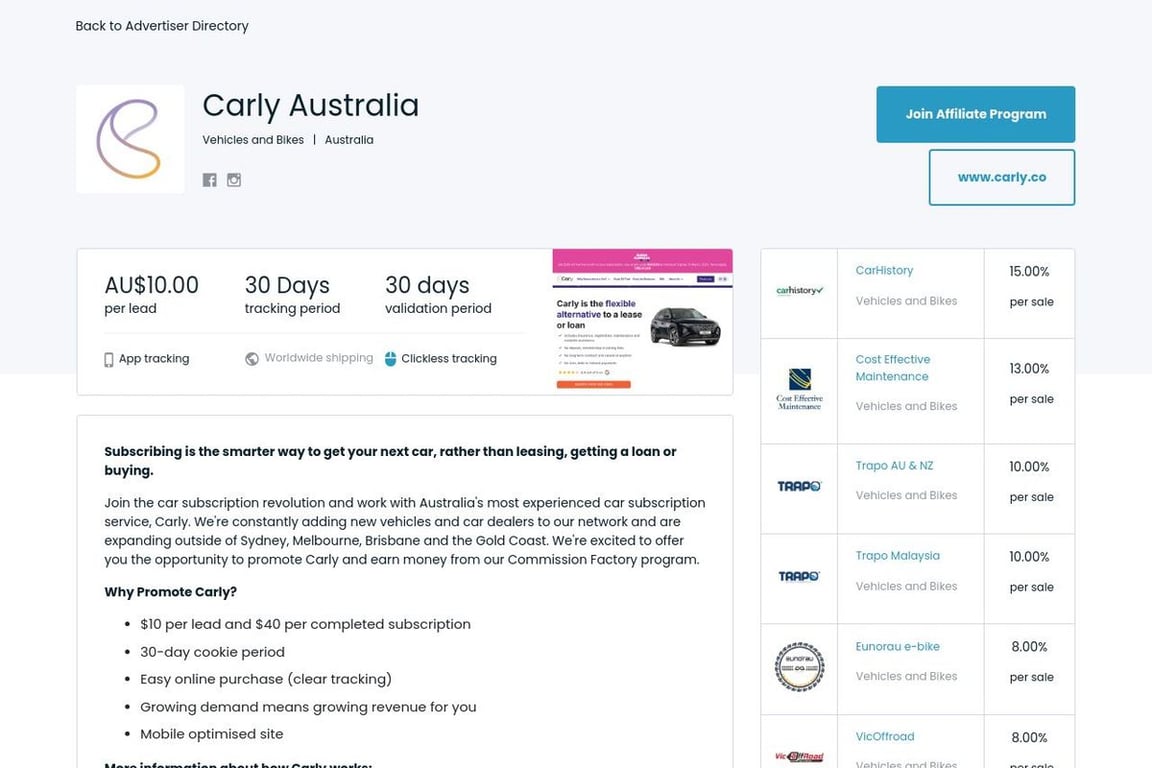 Carly Australia affiliate program signup page