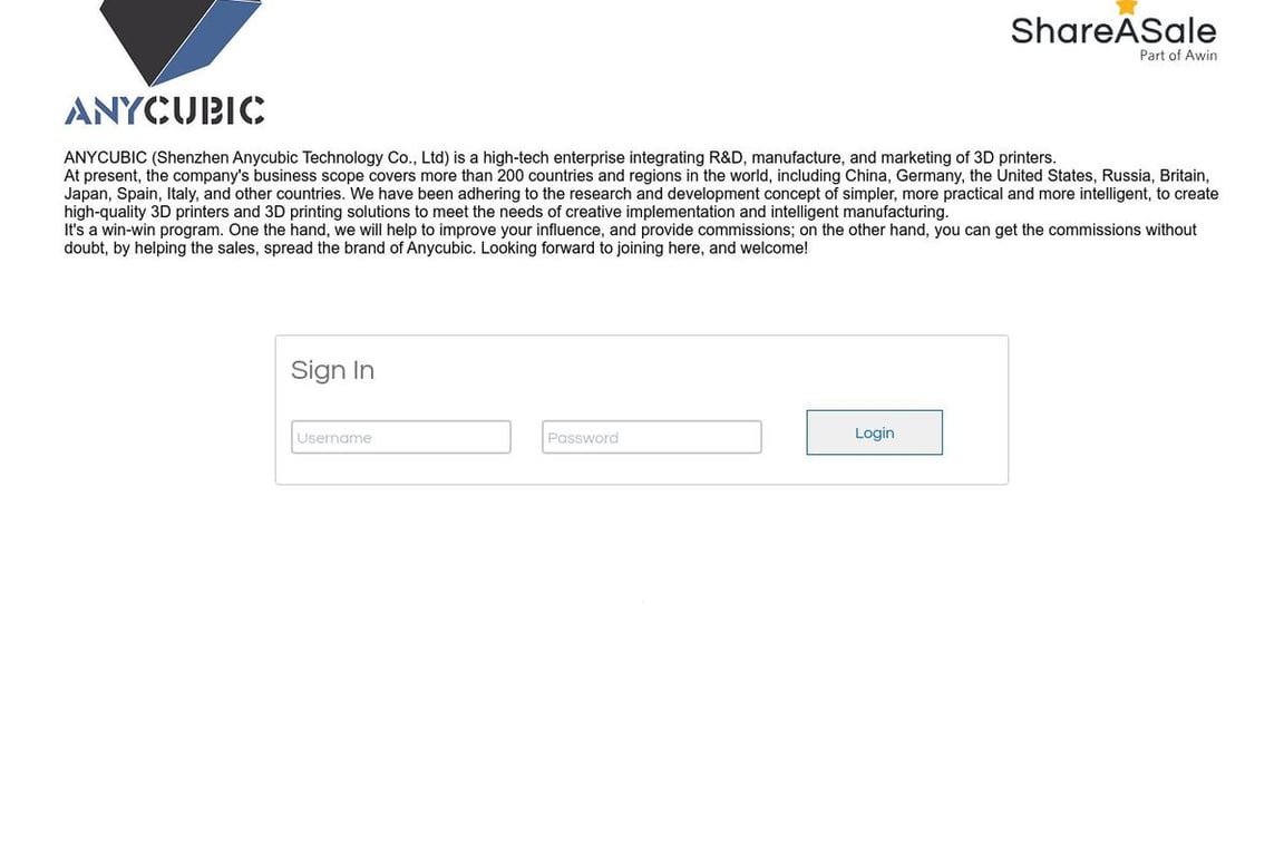 Shenzhen Anycubic Technology Co.,LTD affiliate program signup page