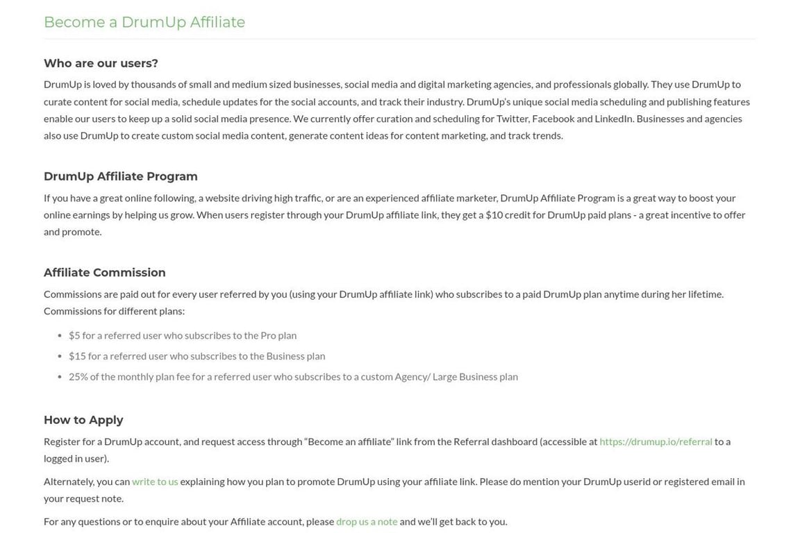 DrumUp affiliate program signup page
