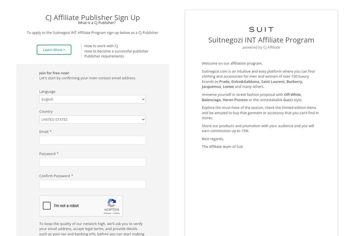 Suitnegozi affiliate program signup page