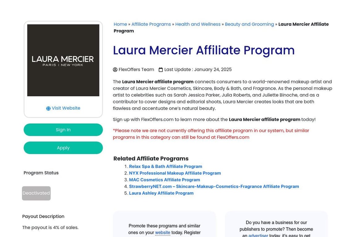 Laura Mercier affiliate program signup page