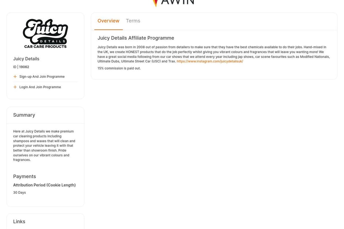 Juicy Details affiliate program signup page