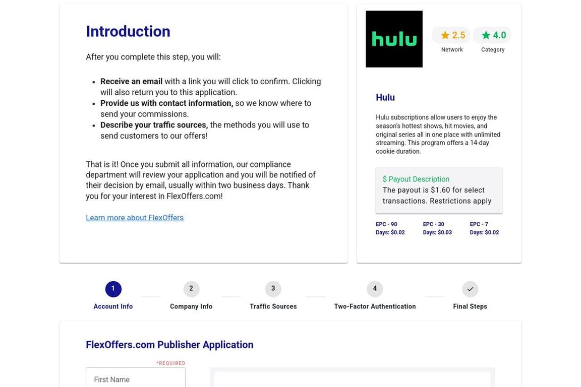 Hulu affiliate program signup page