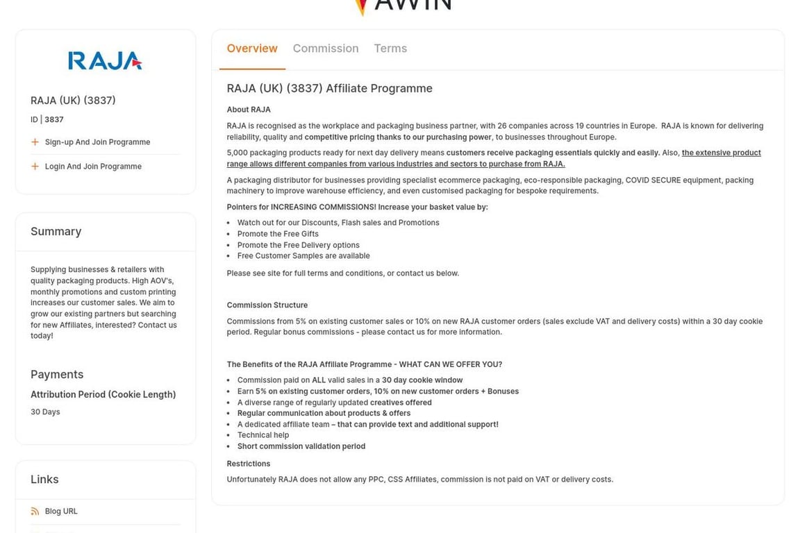 RAJA UK affiliate program signup page