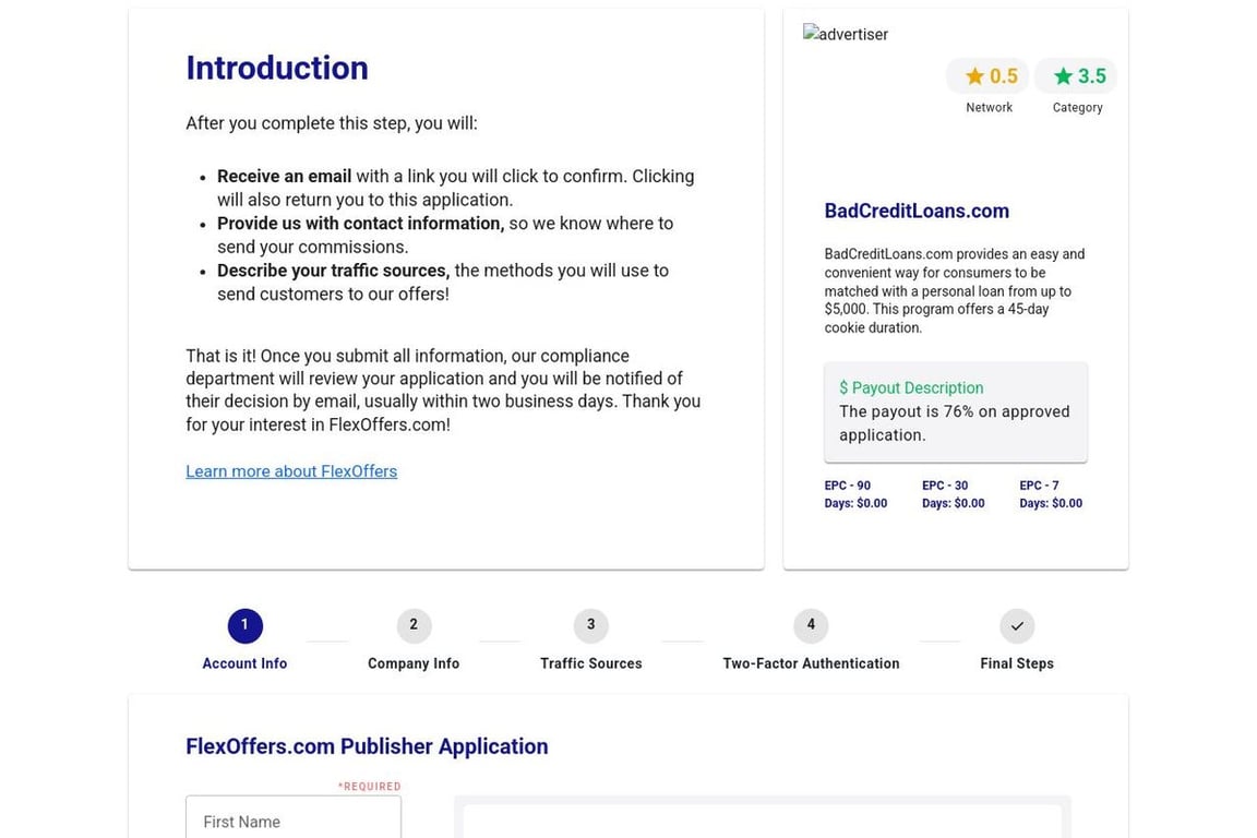 BadCreditLoans.com affiliate program signup page