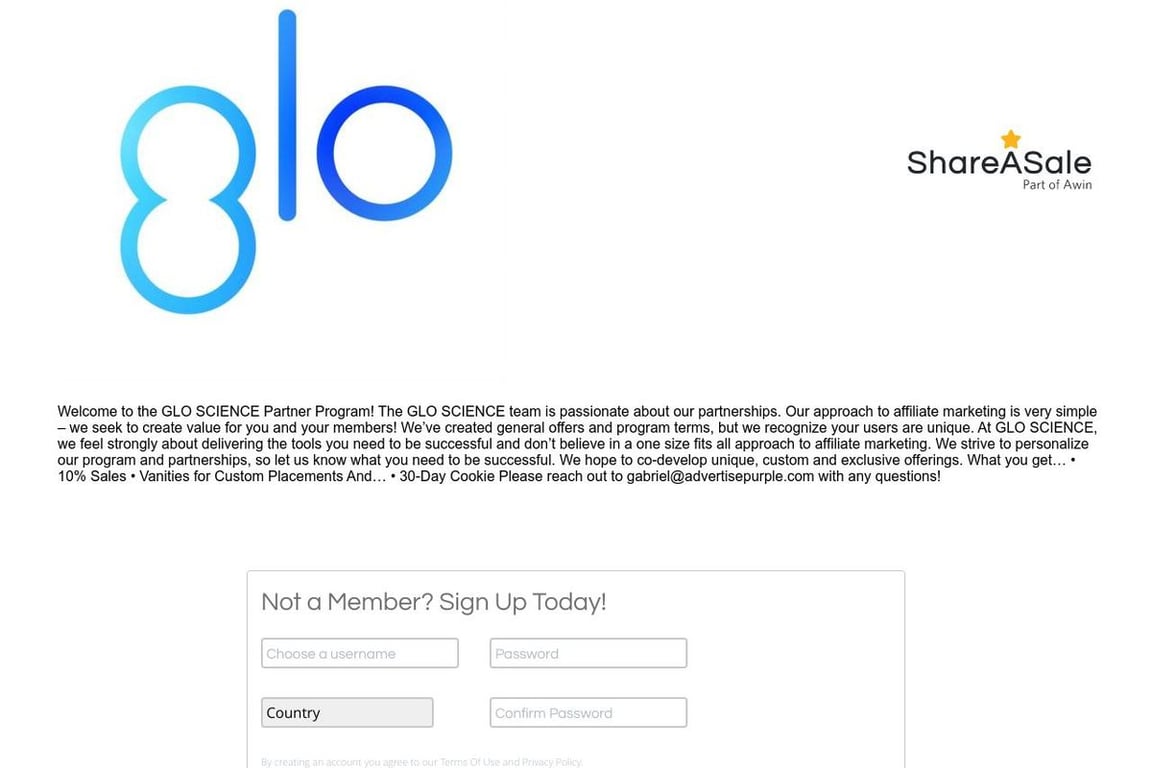 GLO Science Inc affiliate program signup page