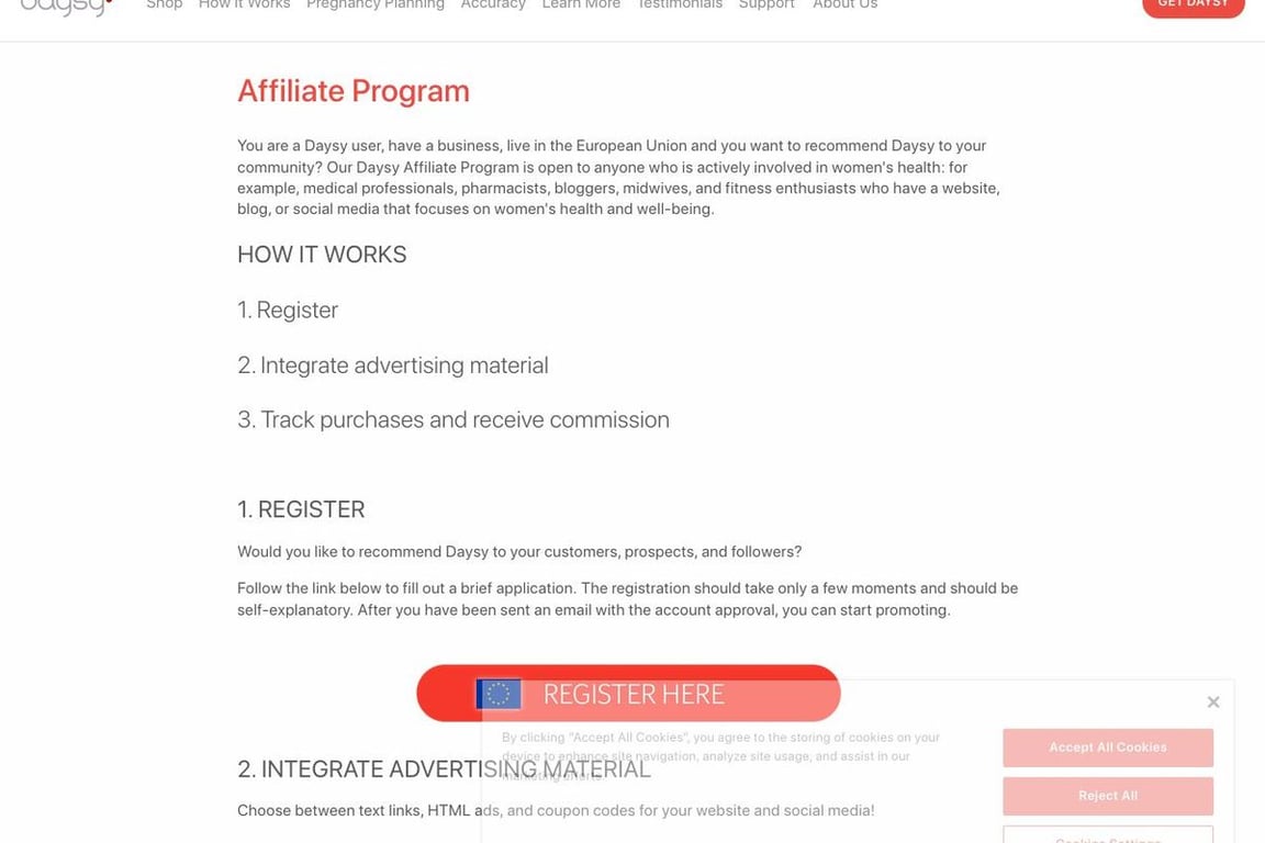 Daysy affiliate program signup page